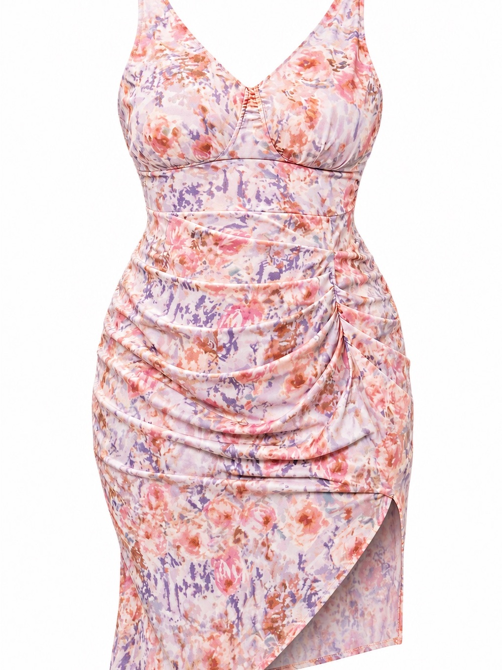 SHEIN One-Shoulder Floral Ruched Dress in Pink and Purple